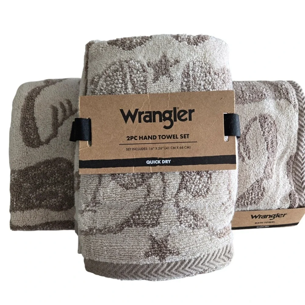 Wrangler 3 Piece Towel Set Tan Cowboy Boots Stars Quick Dry 1 Bath 2 Hand Towels
